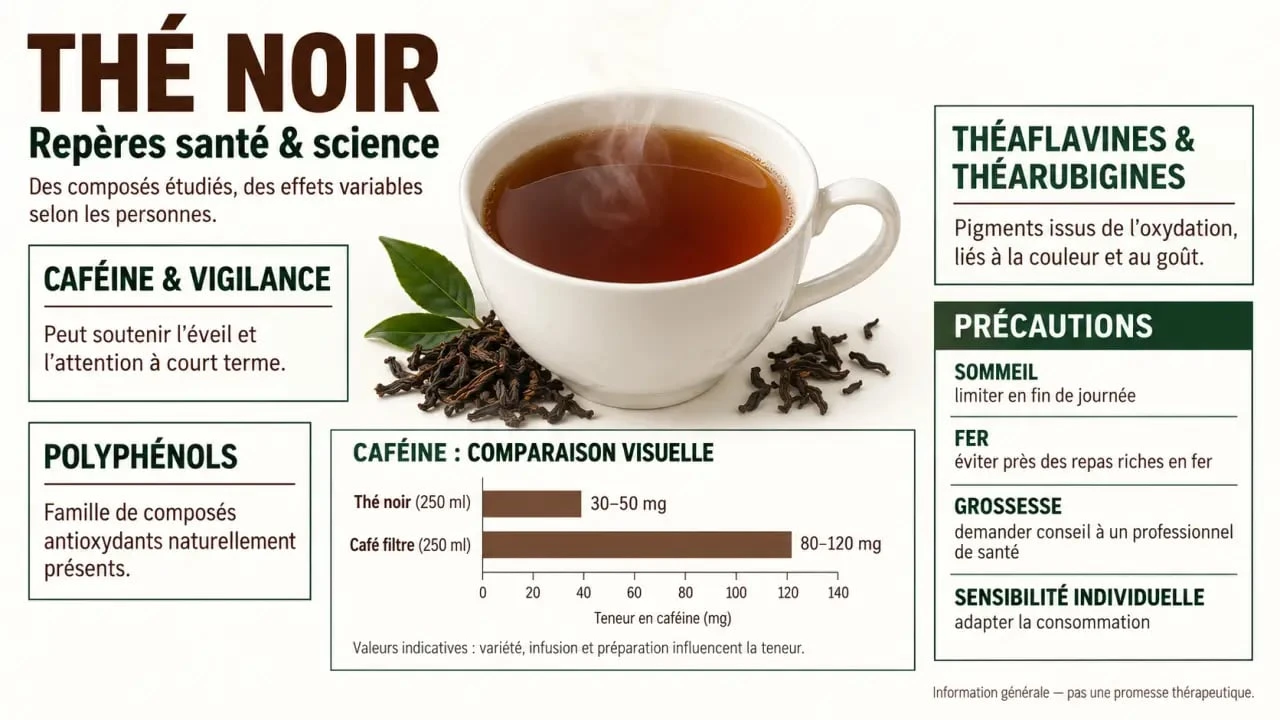 Bienfait du th&eacute; noir : caf&eacute;ine, polyph&eacute;nols et principales pr&eacute;cautions de consommation