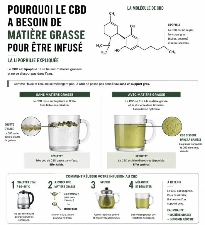 Infographie sur la préparation d'une tisane CBD avec ajout de matière grasse pour une meilleure biodisponibilité.