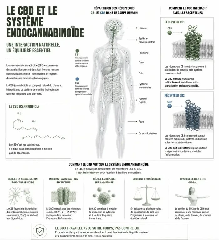 Infographie expliquant le fonctionnement du CBD sur le système endocannabinoïde pour une tisane CBD efficace.