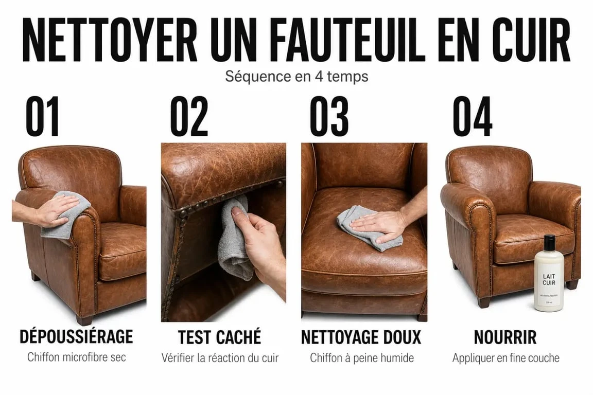 Comment nettoyer fauteuil cuir : &eacute;tapes de nettoyage doux, test sur zone cach&eacute;e et entretien