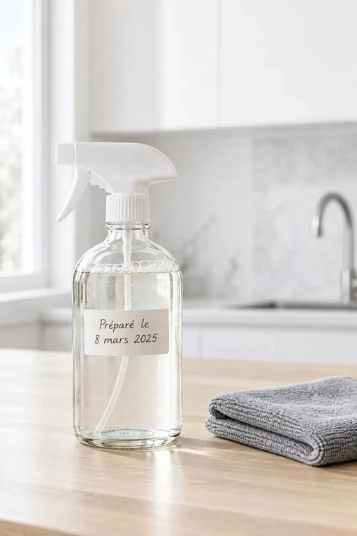 Flacon de nettoyant cuisine maison au savon noir pr&ecirc;t &agrave; l'emploi sur un plan de travail