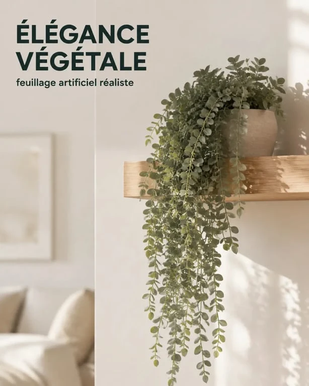 Plantes artificielles tombante en situation sur une &eacute;tag&egrave;re int&eacute;rieure