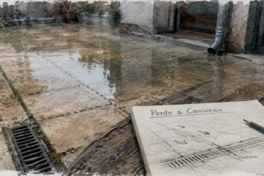 Evacuer l eau d une terrasse : flaque stoppée par caniveau et pente 1 à 2 %