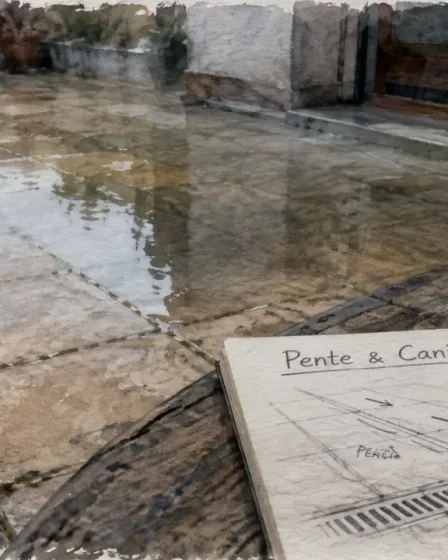 Evacuer l eau d une terrasse : flaque stoppée par caniveau et pente 1 à 2 %