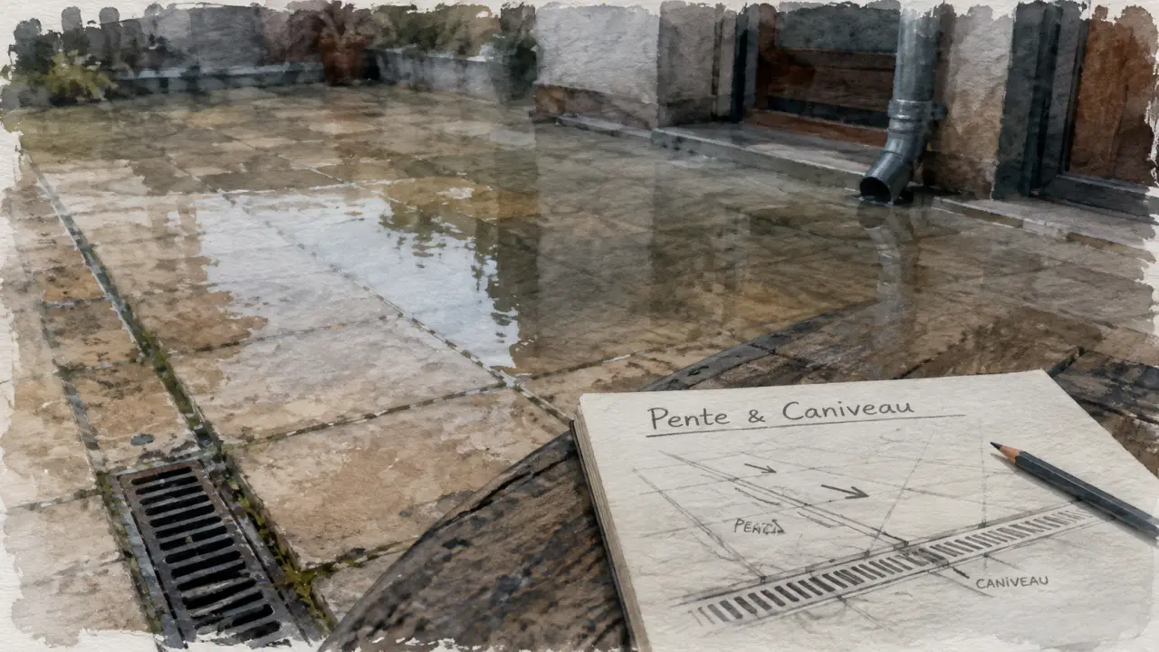 Evacuer l eau d une terrasse : flaque stoppée par caniveau et pente 1 à 2 %