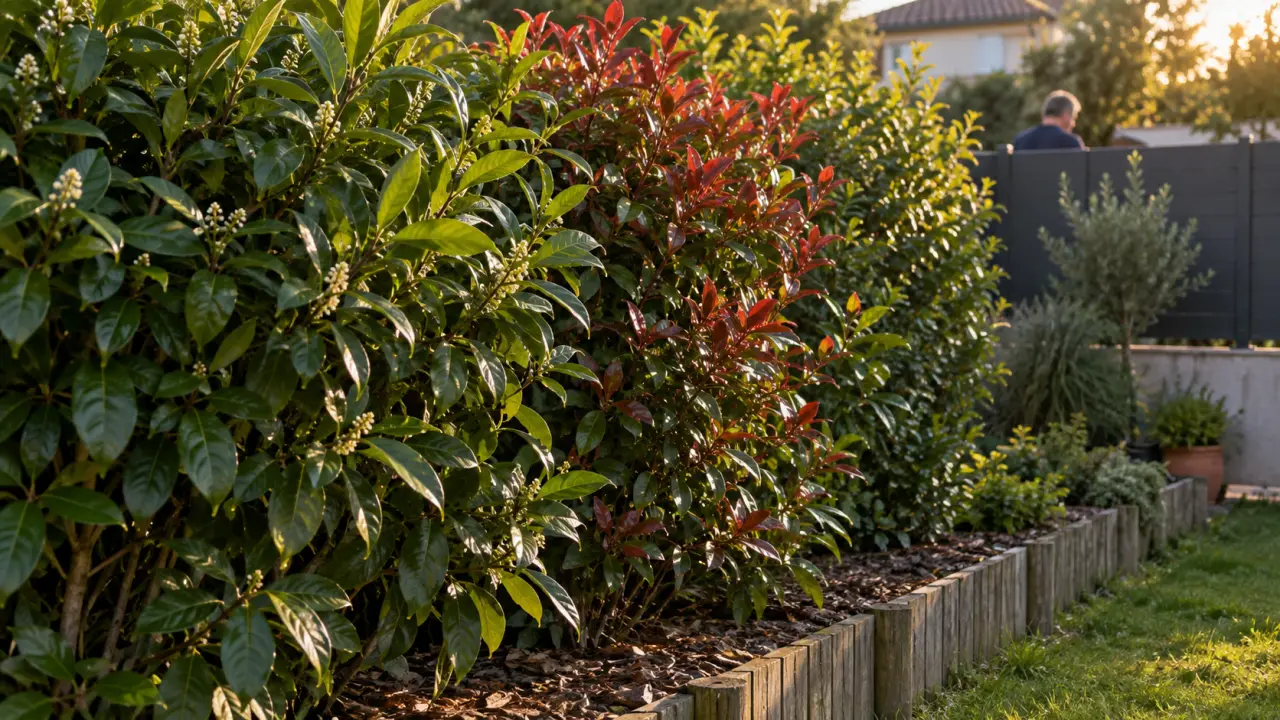 Haie occultante dense de laurier-cerise/photinia, vue jardin et vis-à-vis