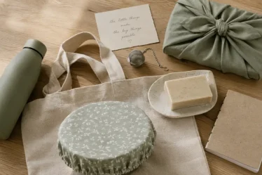 Idée cadeau écolo : gourde, tote en lin et savon solide sur table bois clair