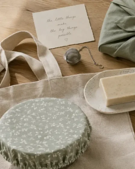 Idée cadeau écolo : gourde, tote en lin et savon solide sur table bois clair