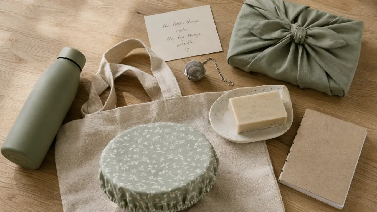 Idée cadeau écolo : gourde, tote en lin et savon solide sur table bois clair