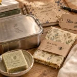 Idees cadeaux éco responsables : faux bon cadeau à éviter, lunch box et bee wrap sur table