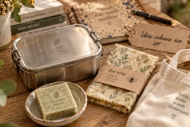 Idees cadeaux éco responsables : faux bon cadeau à éviter, lunch box et bee wrap sur table