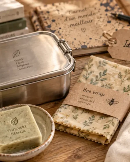 Idees cadeaux éco responsables : faux bon cadeau à éviter, lunch box et bee wrap sur table