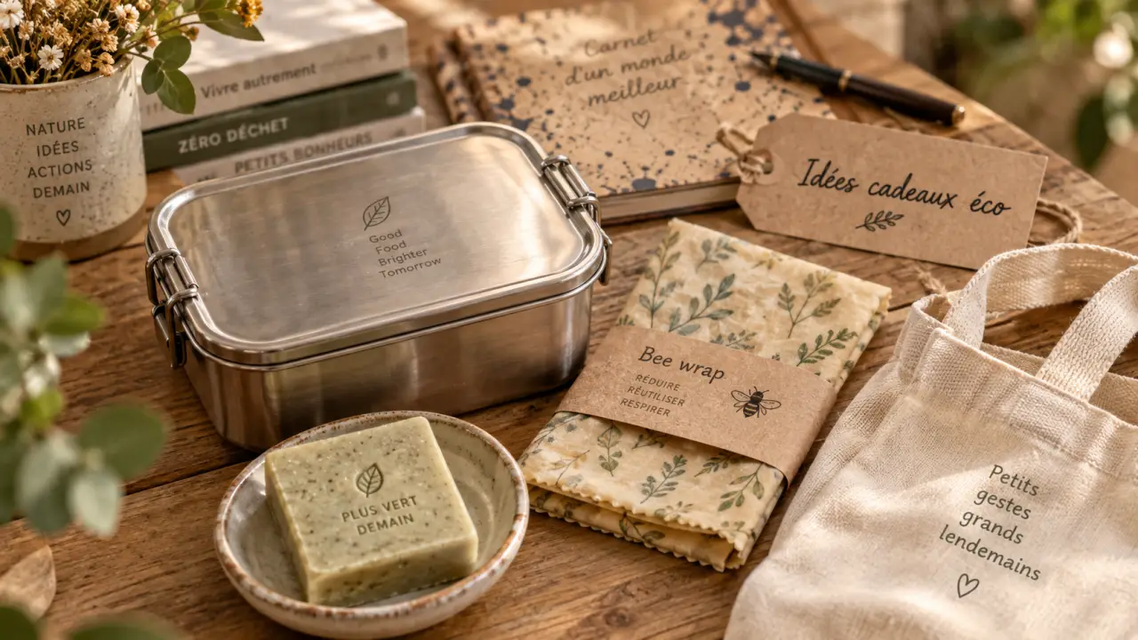 Idees cadeaux éco responsables : faux bon cadeau à éviter, lunch box et bee wrap sur table
