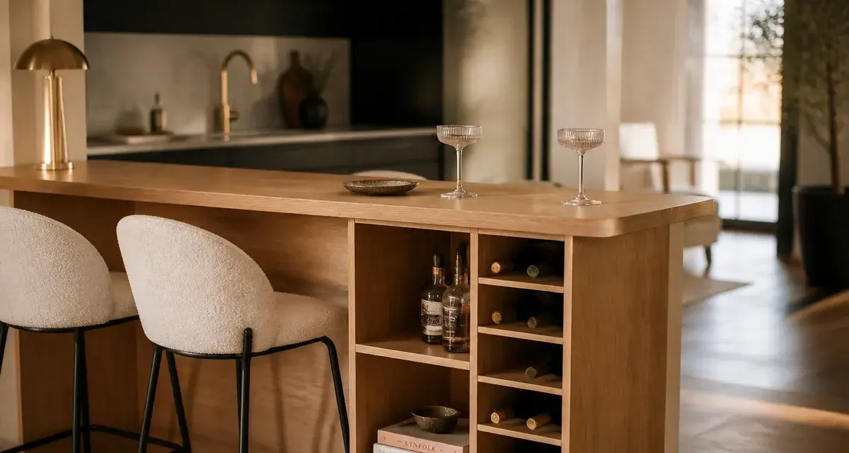 Meuble bar salon en bois chêne clair, rangement et niches ouvertes