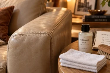 Nettoyant pour canapé cuir sur canapé crème avec microfibres et flacon