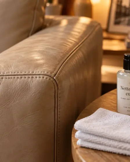 Nettoyant pour canapé cuir sur canapé crème avec microfibres et flacon