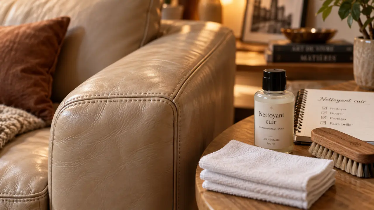 Nettoyant pour canapé cuir sur canapé crème avec microfibres et flacon