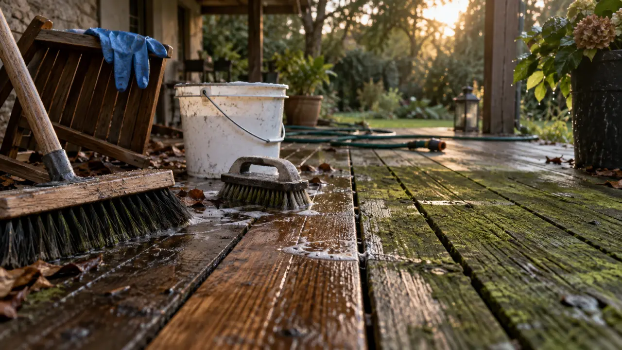 Nettoyant terrasse bois : brosse et eau savonneuse sur terrasse en bois