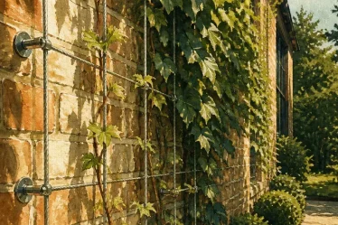 Plante pour couvrir un mur : lierre palissé sur câbles, espace entre mur et support