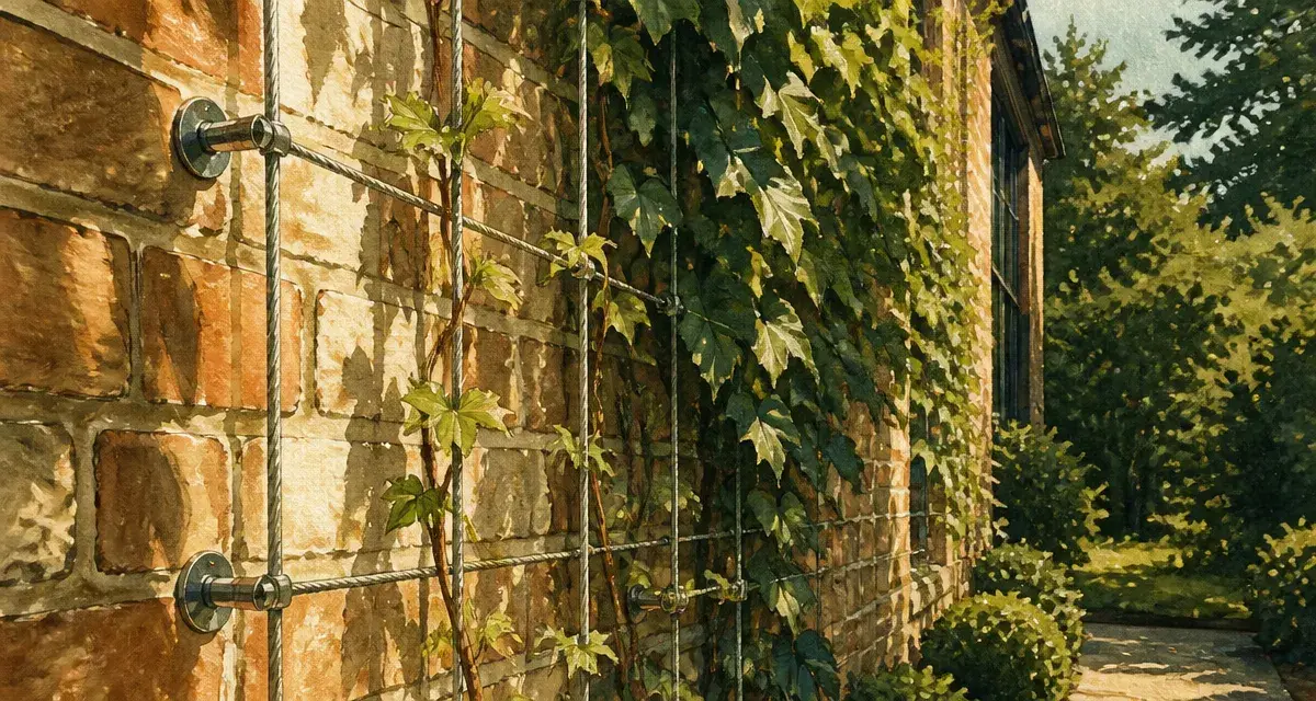 Plante pour couvrir un mur : lierre palissé sur câbles, espace entre mur et support