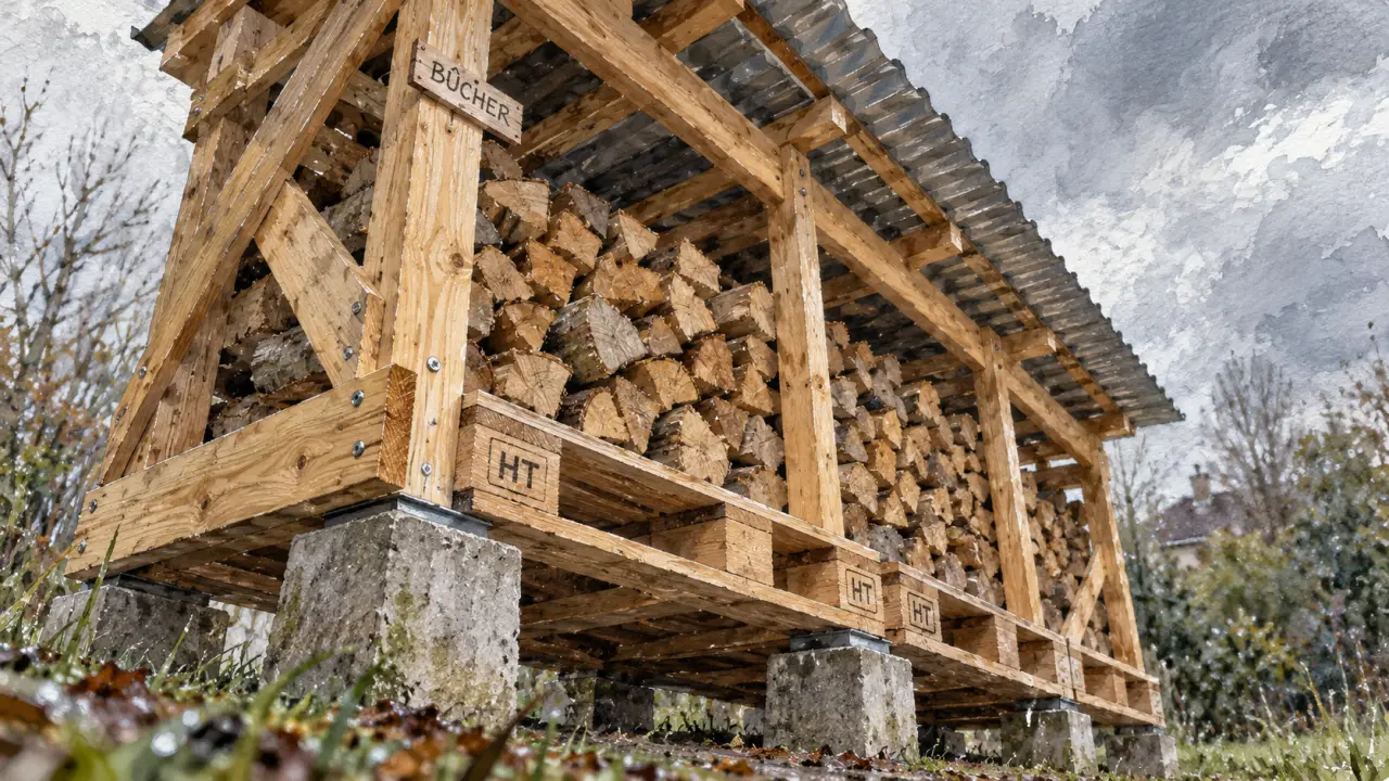 Abris buche fait maison : bûcher surélevé toit étanche et bois sec