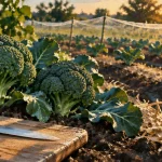 Brocoli potager à récolter avant la floraison, terre humide et paillis