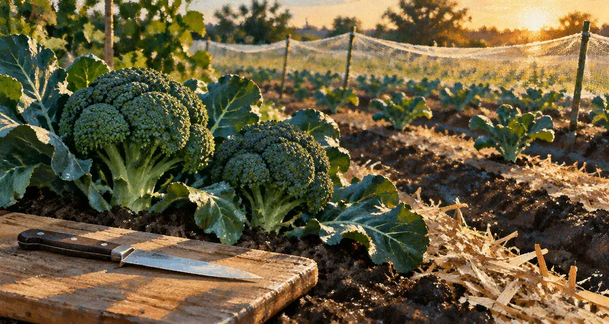 Brocoli potager à récolter avant la floraison, terre humide et paillis