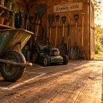 Cabane à outils jardin : entrée ouverte, tondeuse et outils rangés