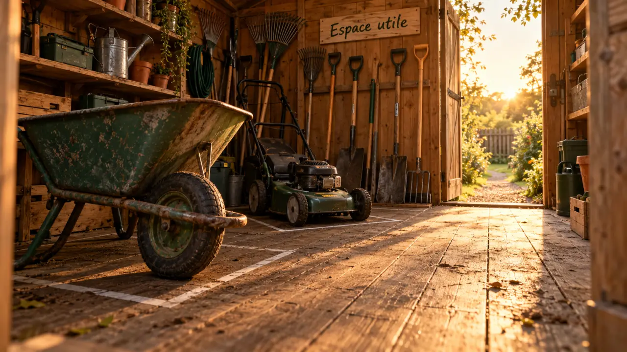 Cabane à outils jardin : entrée ouverte, tondeuse et outils rangés