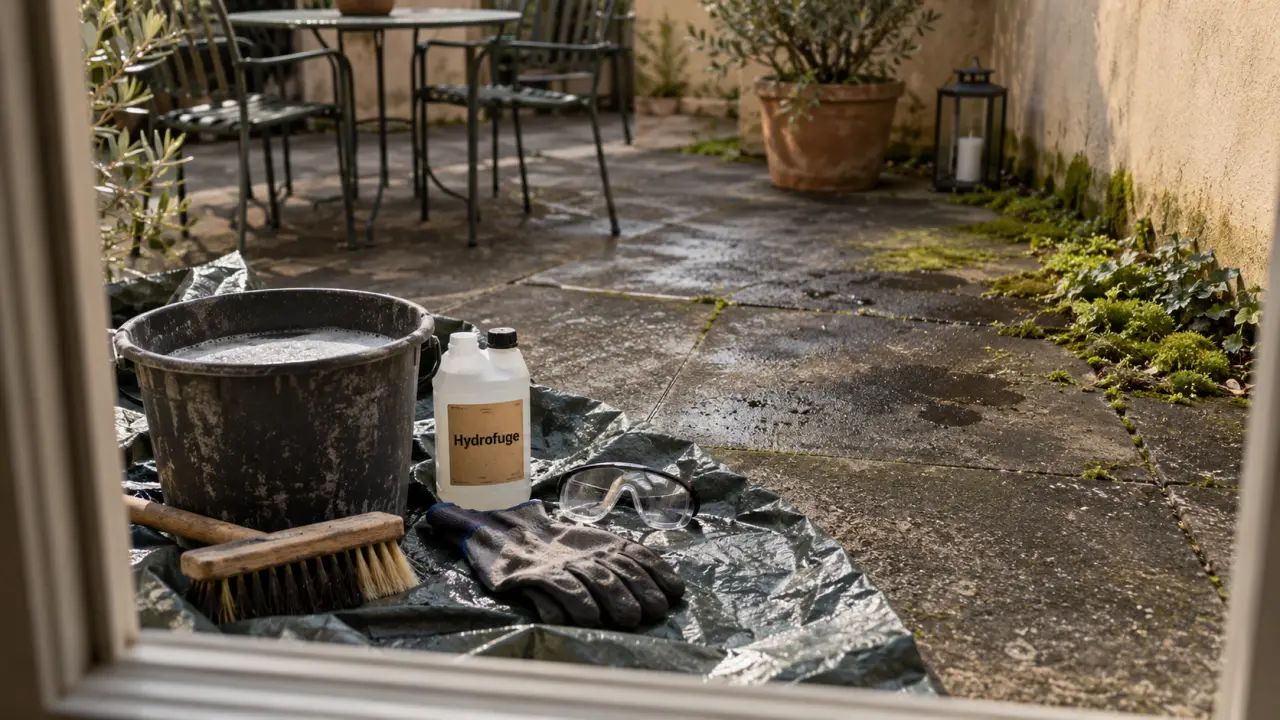 Comment nettoyer terrasse beton : noirci, brosse, seau et mousse