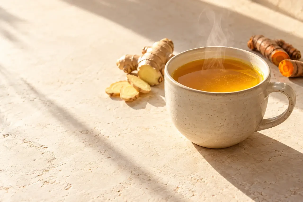Tisane curcuma gingembre le soir dans une tasse avec gingembre frais et curcuma