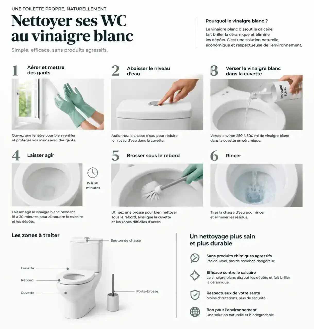 &Eacute;tapes du nettoyage WC naturel avec vinaigre blanc, brosse et gants