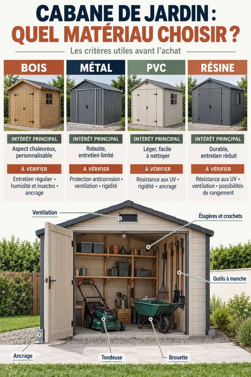 Comparaison des mat&eacute;riaux pour une cabane &agrave; outils de jardin : bois, m&eacute;tal, PVC et r&eacute;sine