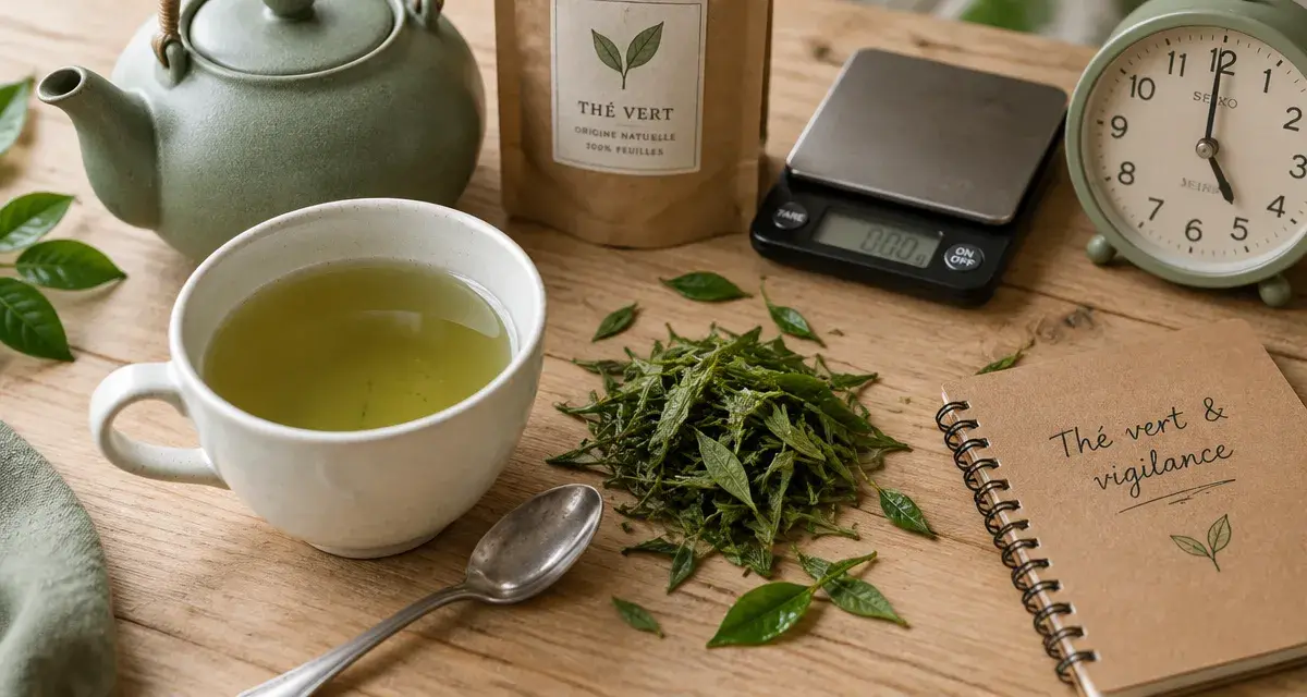 Le thé vert est il bon pour la santé : tasse et feuilles vert pâle, antioxydants et précautions