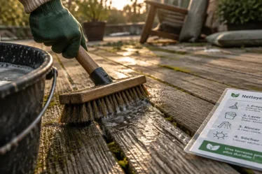 Nettoyer une terrasse en bois : brosse et savon noir pour enlever les taches