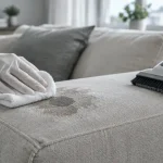 Nettoyer tissu canapé : main gantée tamponne une tache sur le tissu