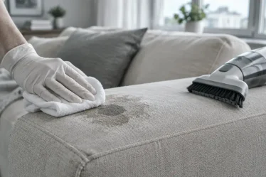 Nettoyer tissu canapé : main gantée tamponne une tache sur le tissu