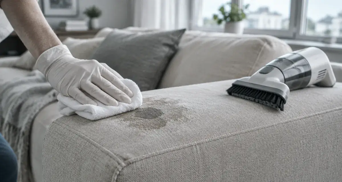 Nettoyer tissu canapé : main gantée tamponne une tache sur le tissu