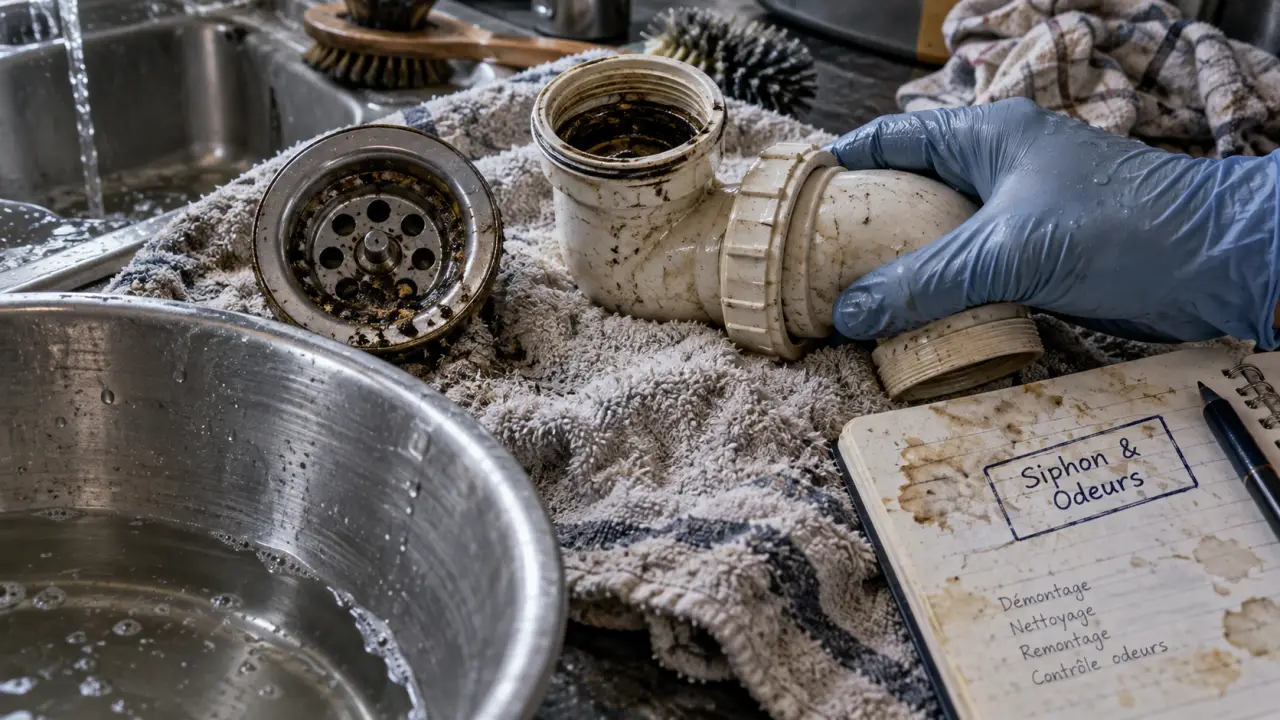 Odeur dans les canalisations : siphon et bonde démontés sous l’évier