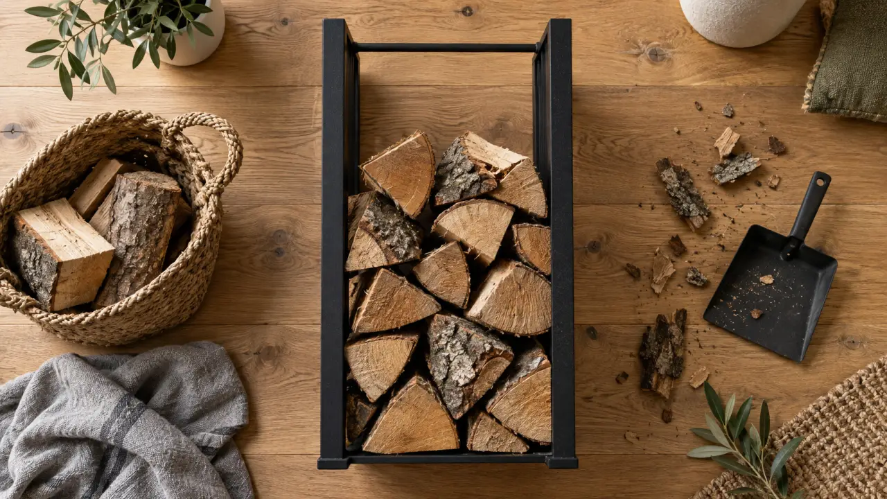 Rangement bois intérieur avec range-bûches en métal noir mat, bûches sèches