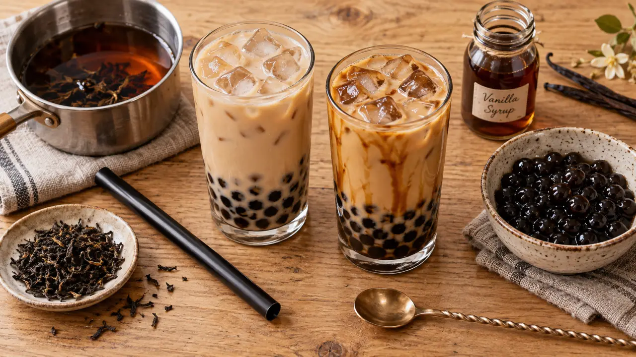 Recette bubble tea maison : verres de thé, perles de tapioca et sucre