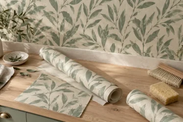 Tendance papier peint pour cuisine : motif botanique beige lin et vert céladon sur mur de cuisine