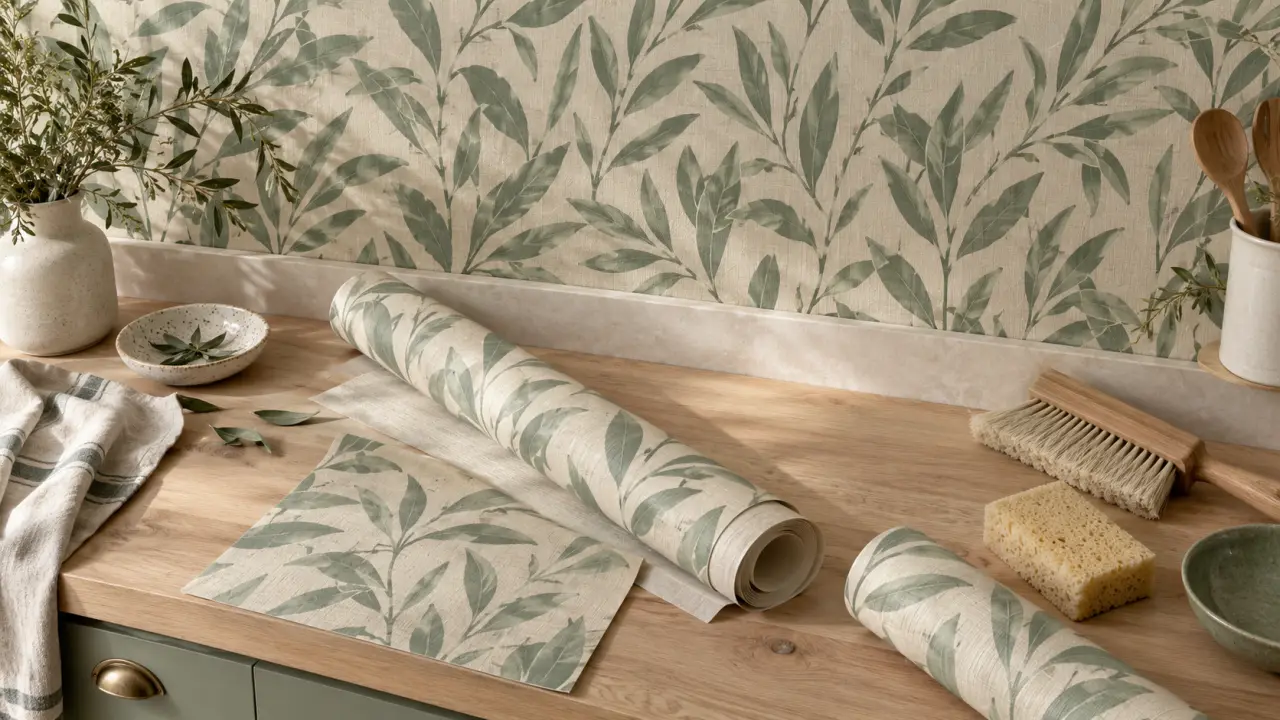 Tendance papier peint pour cuisine : motif botanique beige lin et vert céladon sur mur de cuisine