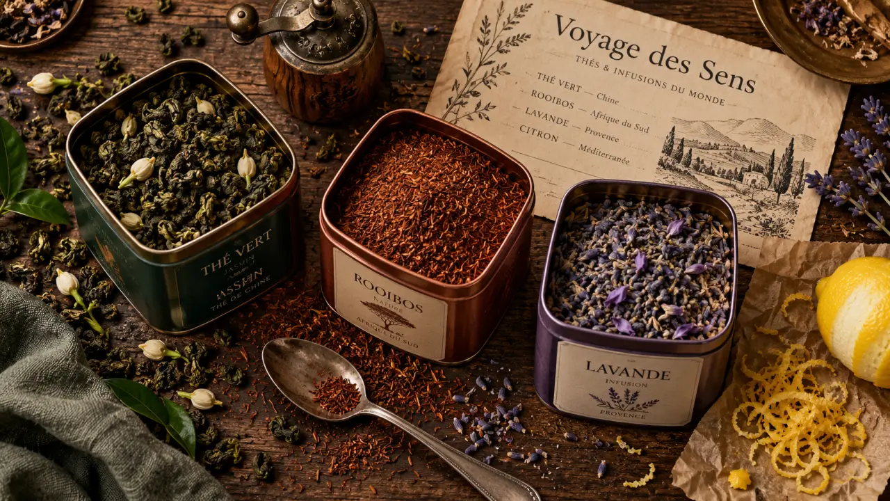 Thé voyage des sens : boîtes à sachets de thé sur table en bois