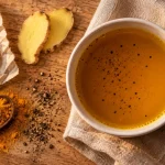Tisane curcuma gingembre le soir : tasse ambrée, gingembre et curcuma sur bois clair