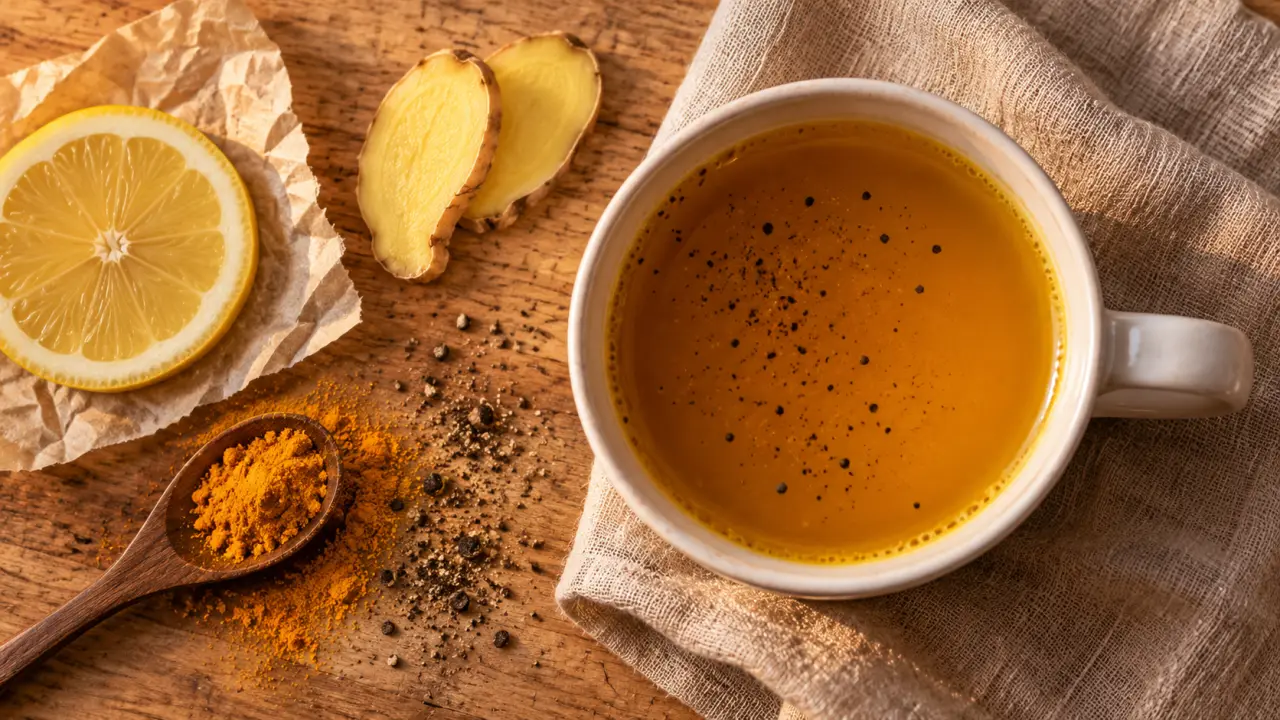 Tisane curcuma gingembre le soir : tasse ambrée, gingembre et curcuma sur bois clair